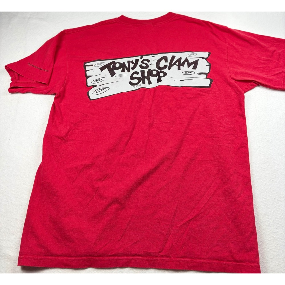 Vintage Anvil Tonys Clam Shop Red Graphic T-Shirt Mens Large Quincy MA Seafood